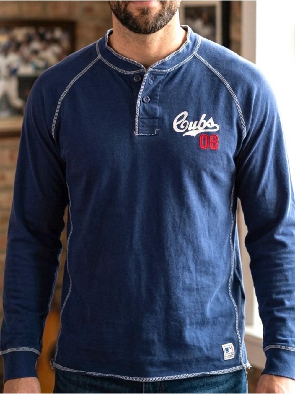 Moonlight Graham Cubs Henley Shirt Mens Large Blue MLB Long Sleeve Tee